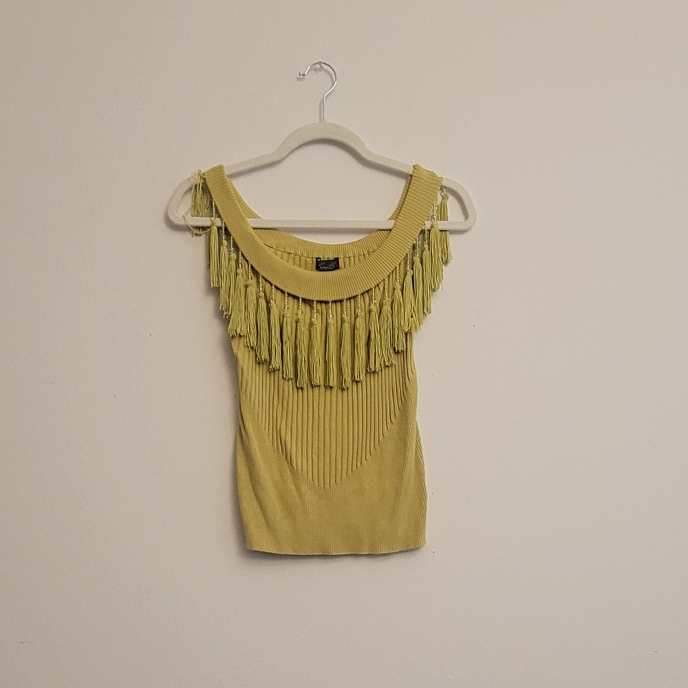 silk blend chartreuse ribbed tank with fringe, charm tassels
